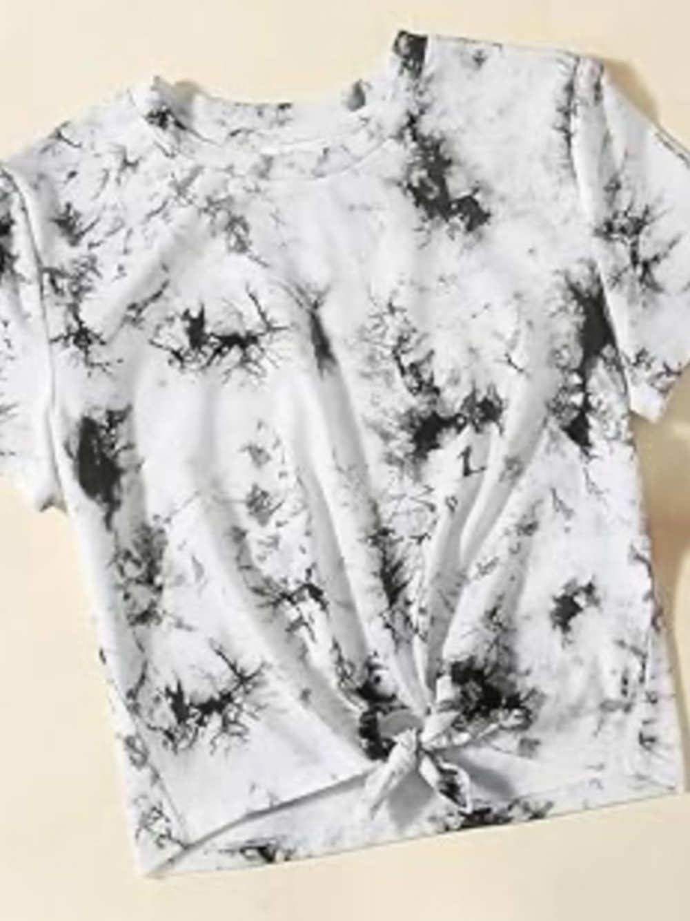 SHEIN Black & White Tie-Dye Front Knot Short Sleeve Tee